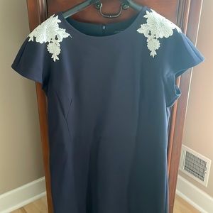 Ann Taylor navy blue dress with lace detail at the shoulders